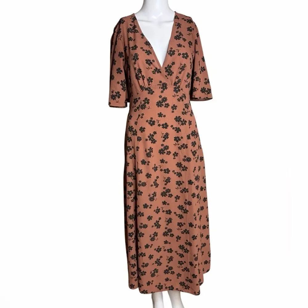Asos Floral V-Neck Midi Dress - Black on Tan Size 6